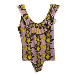 Verdelimón S Purple Yellow‎ Lemon Print One-Piece Swimsuit Ruffle Floral Resort